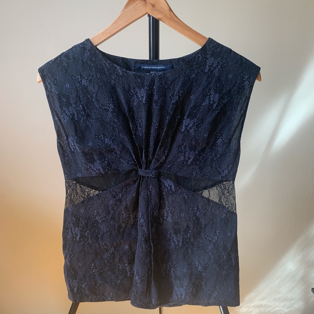 French Connection Sleeveless Navy Blouse With Lace Inserts